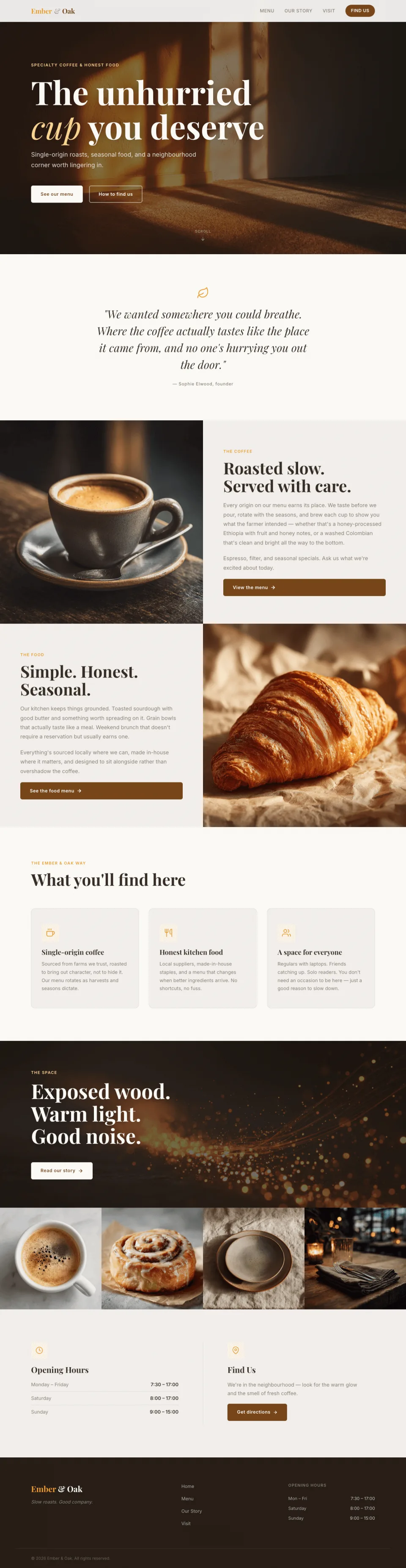 Homepage of Ember & Oak, a website generated by VoxelSite