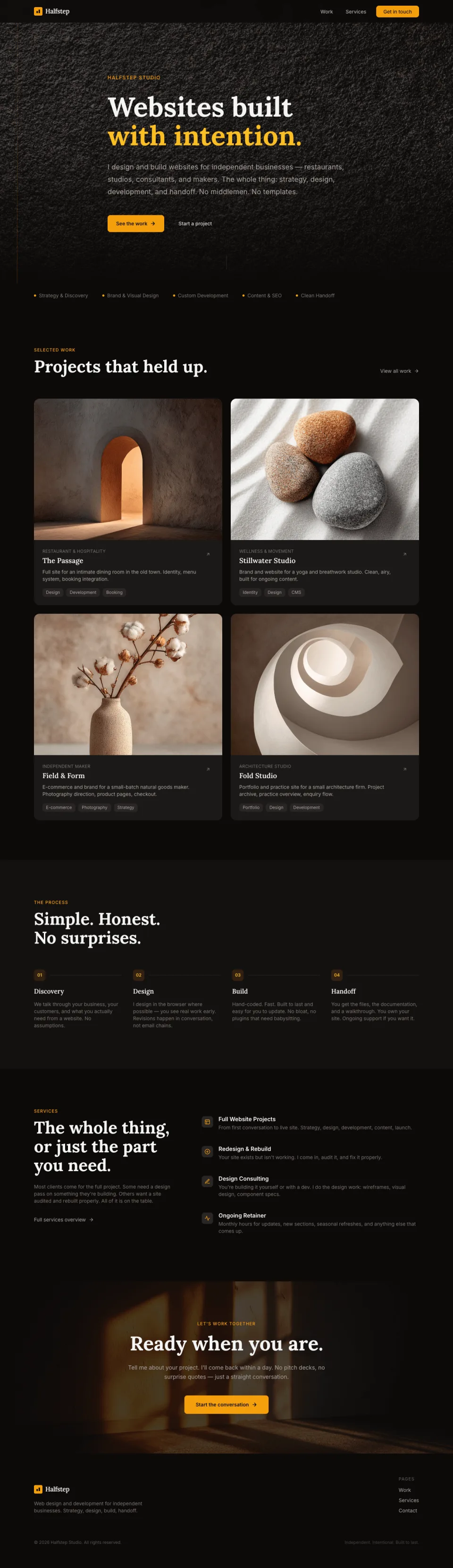 Homepage of Halfstep, a website generated by VoxelSite