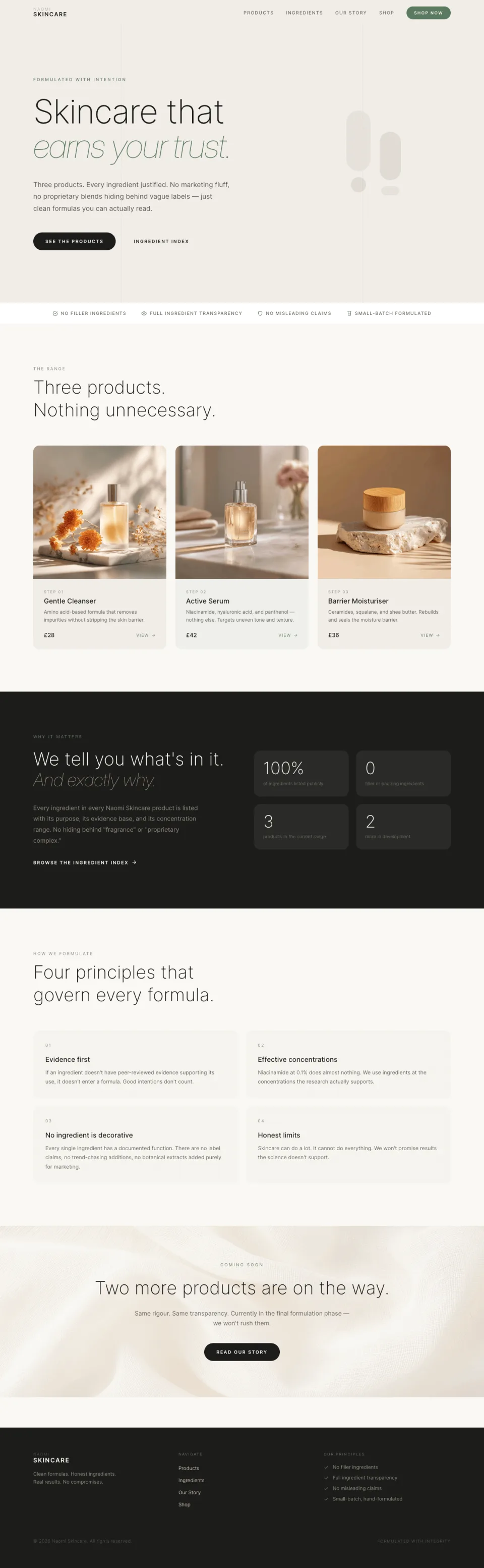 Homepage of Naomi Skincare, a website generated by VoxelSite