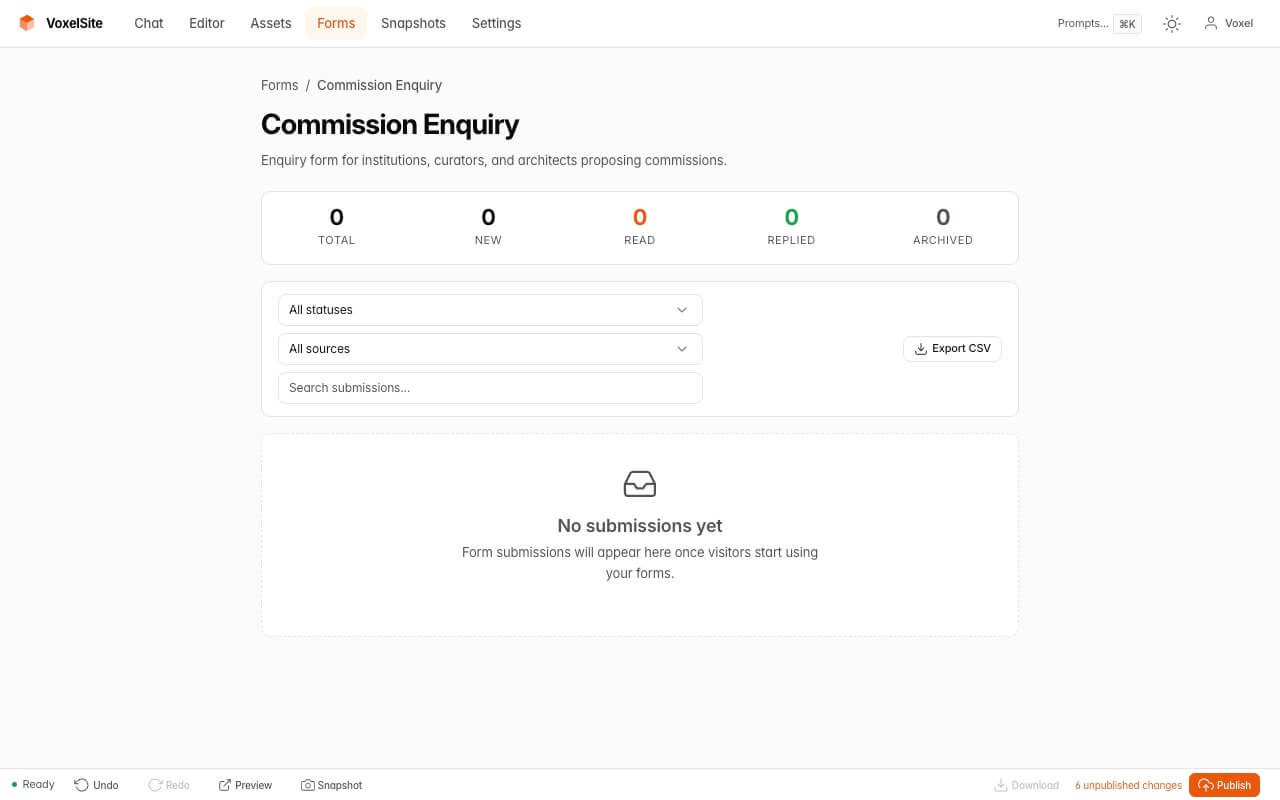 Form submission dashboard with status filters and CSV export