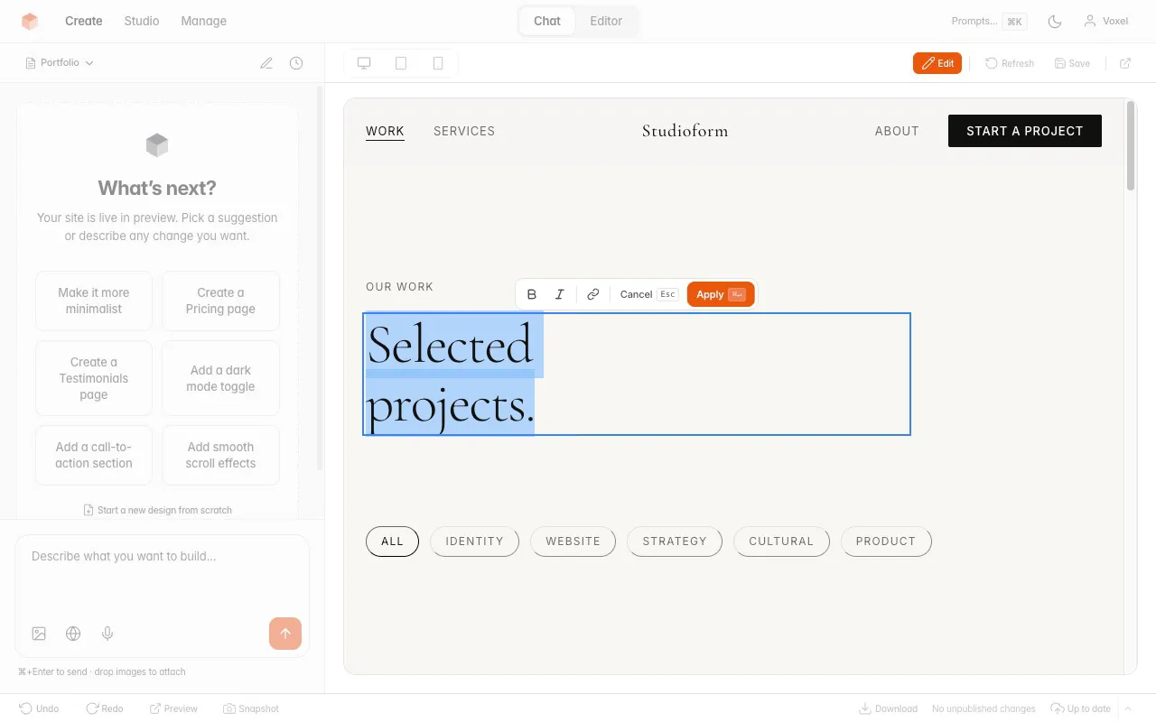 VoxelSite Studio — Work snippet