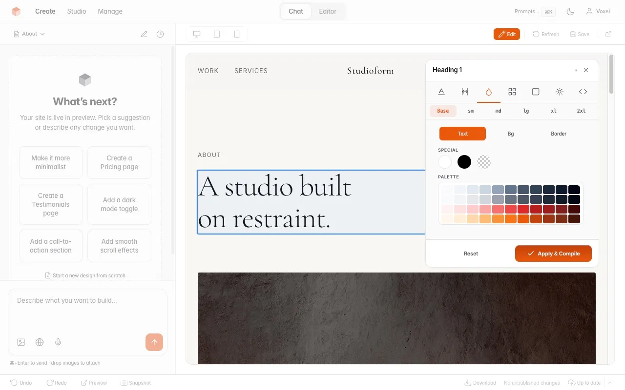 VoxelSite Studio — About page with style panel