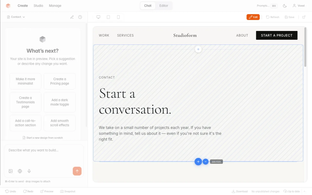 VoxelSite Studio — Contact page with section picker