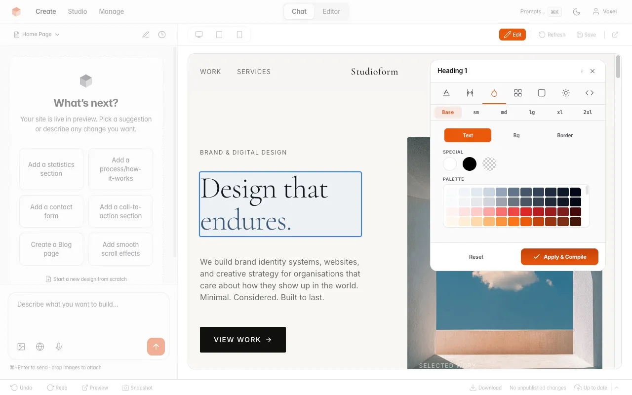 VoxelSite — Visual editor style panel with color palette and breakpoints