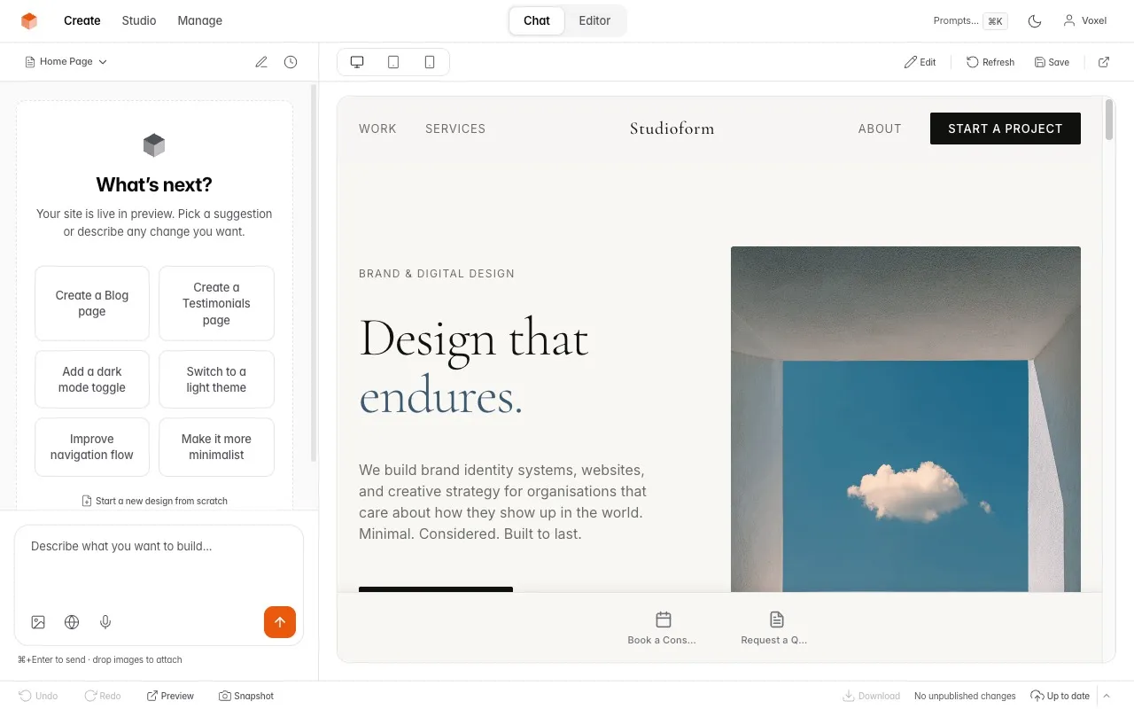 VoxelSite Studio — AI chat with live site preview and suggestion buttons