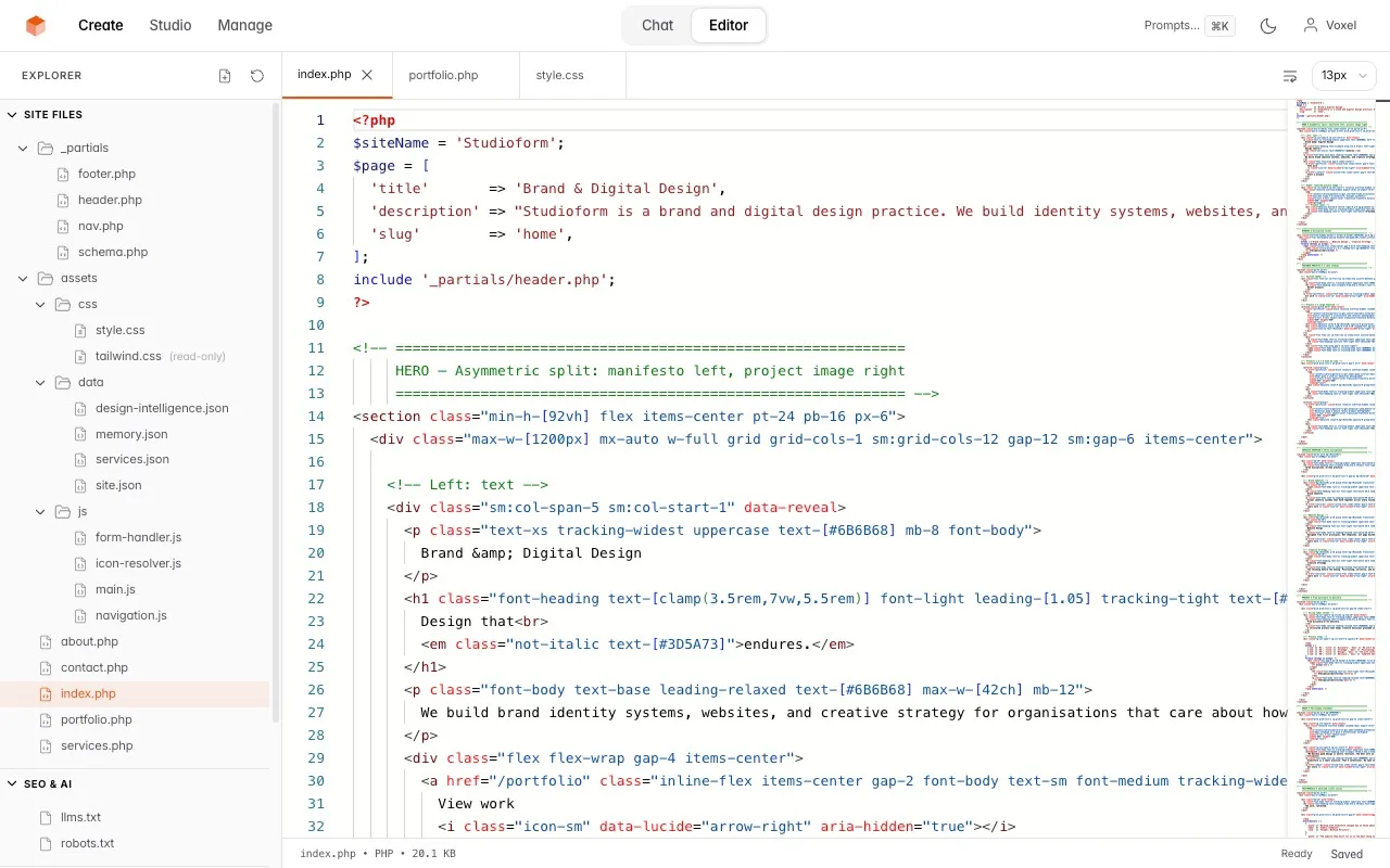 VoxelSite — Code editor with file tree and syntax highlighting