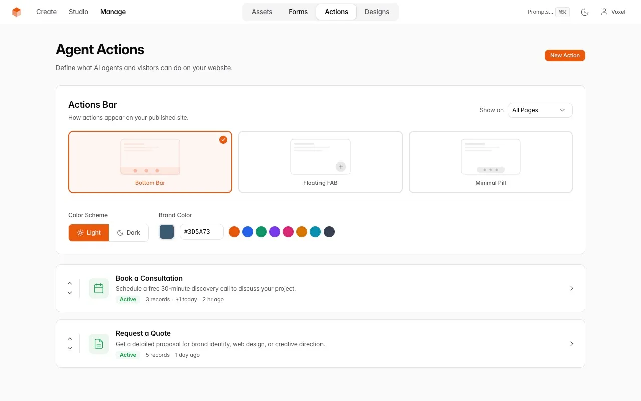 VoxelSite — Actions setup with display styles and brand colors