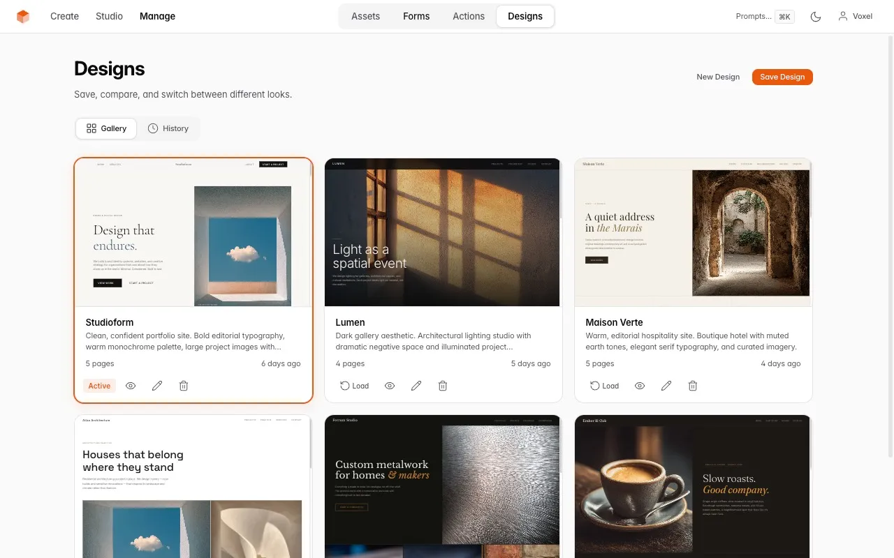VoxelSite — Design Library with saved designs in gallery view