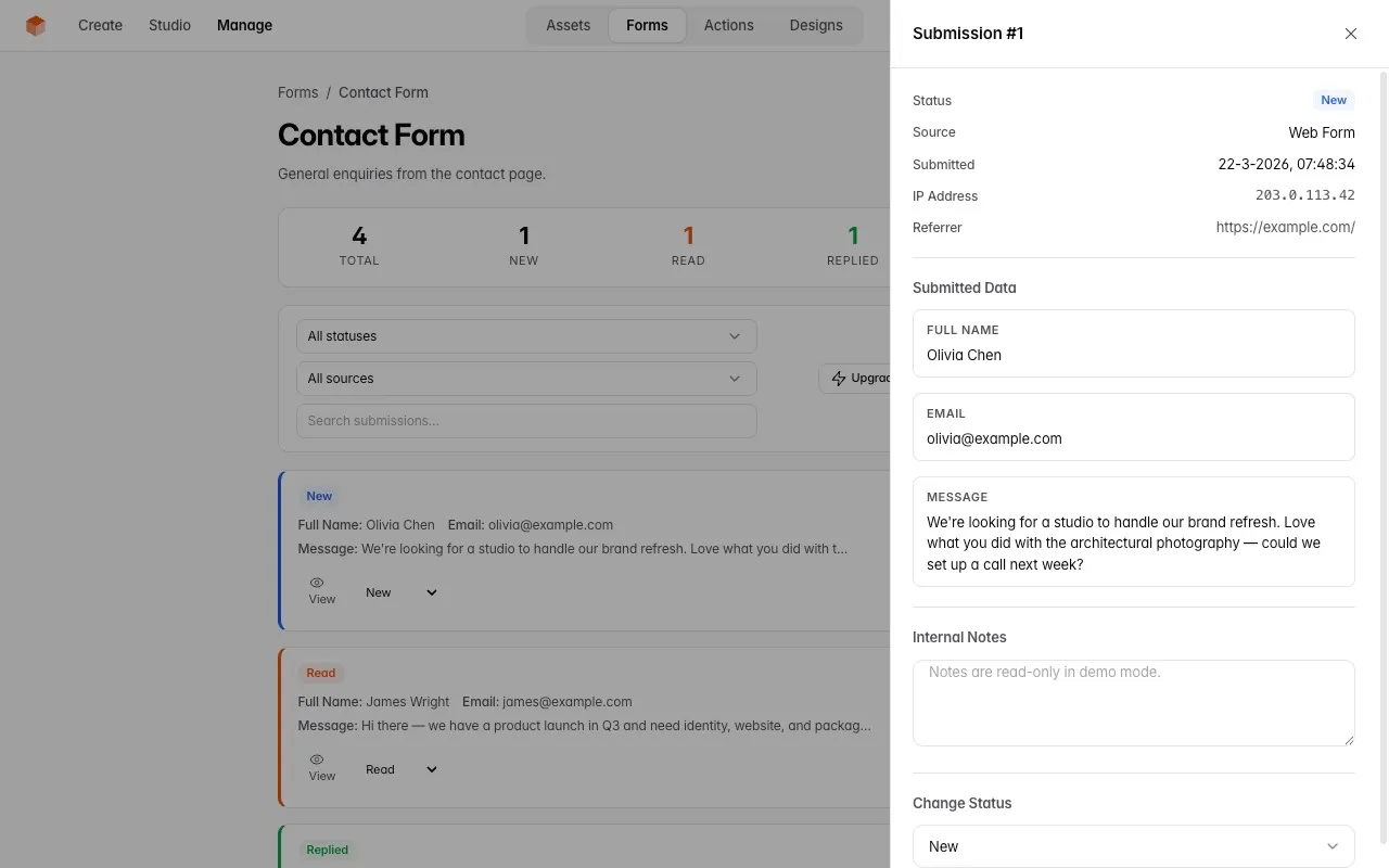 VoxelSite — Form submissions inbox with detail panel
