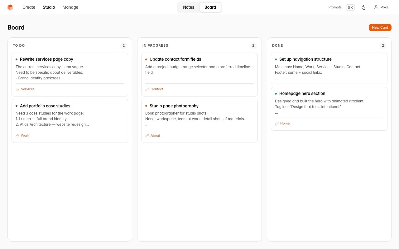VoxelSite — Board with kanban columns: To Do, In Progress, Done