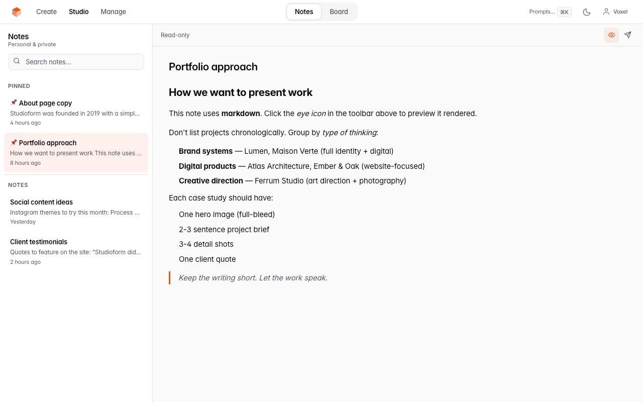 VoxelSite — Notes with pinned entries and markdown preview